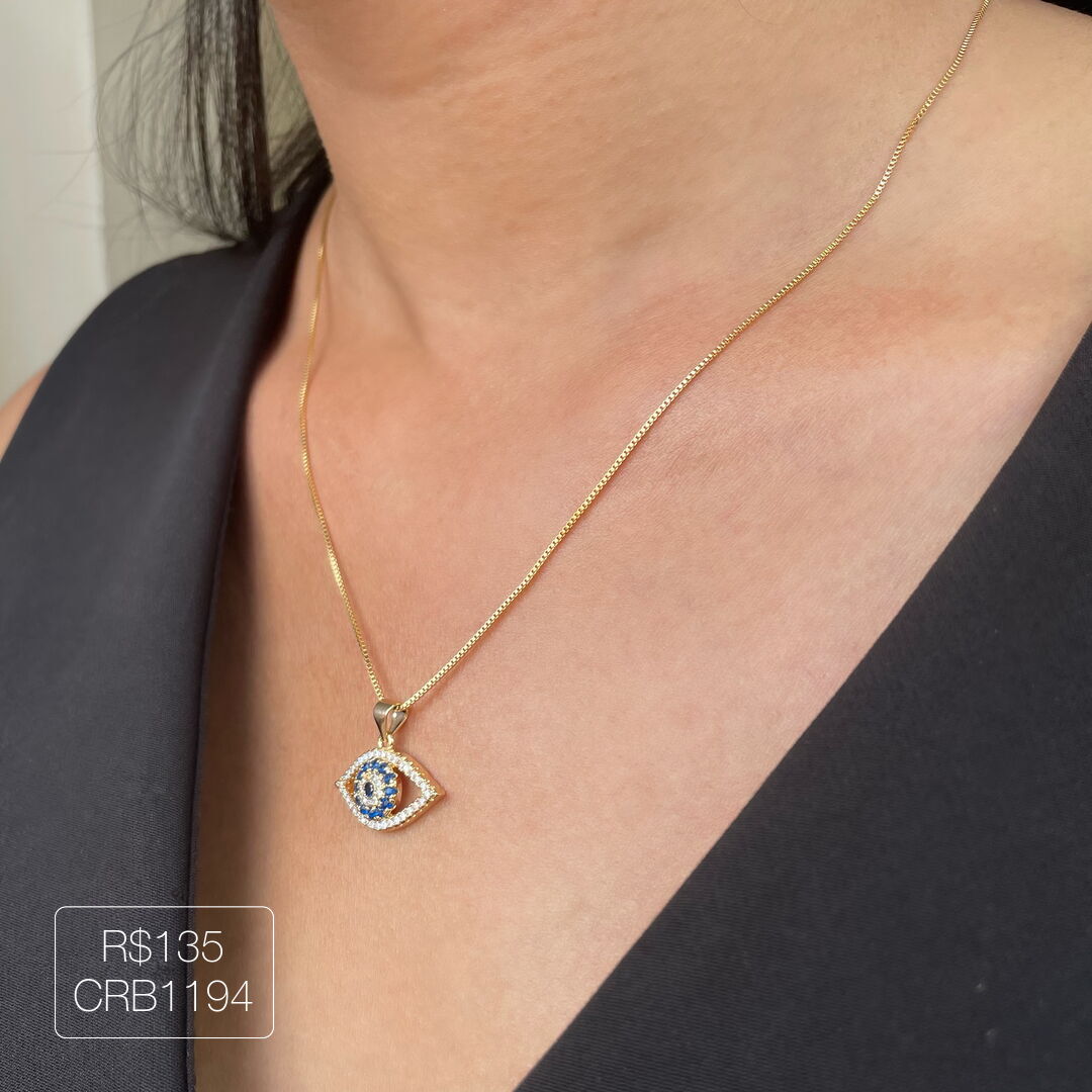 Colar Olho Grego Azul Com Cristal + Corrente 50Cm